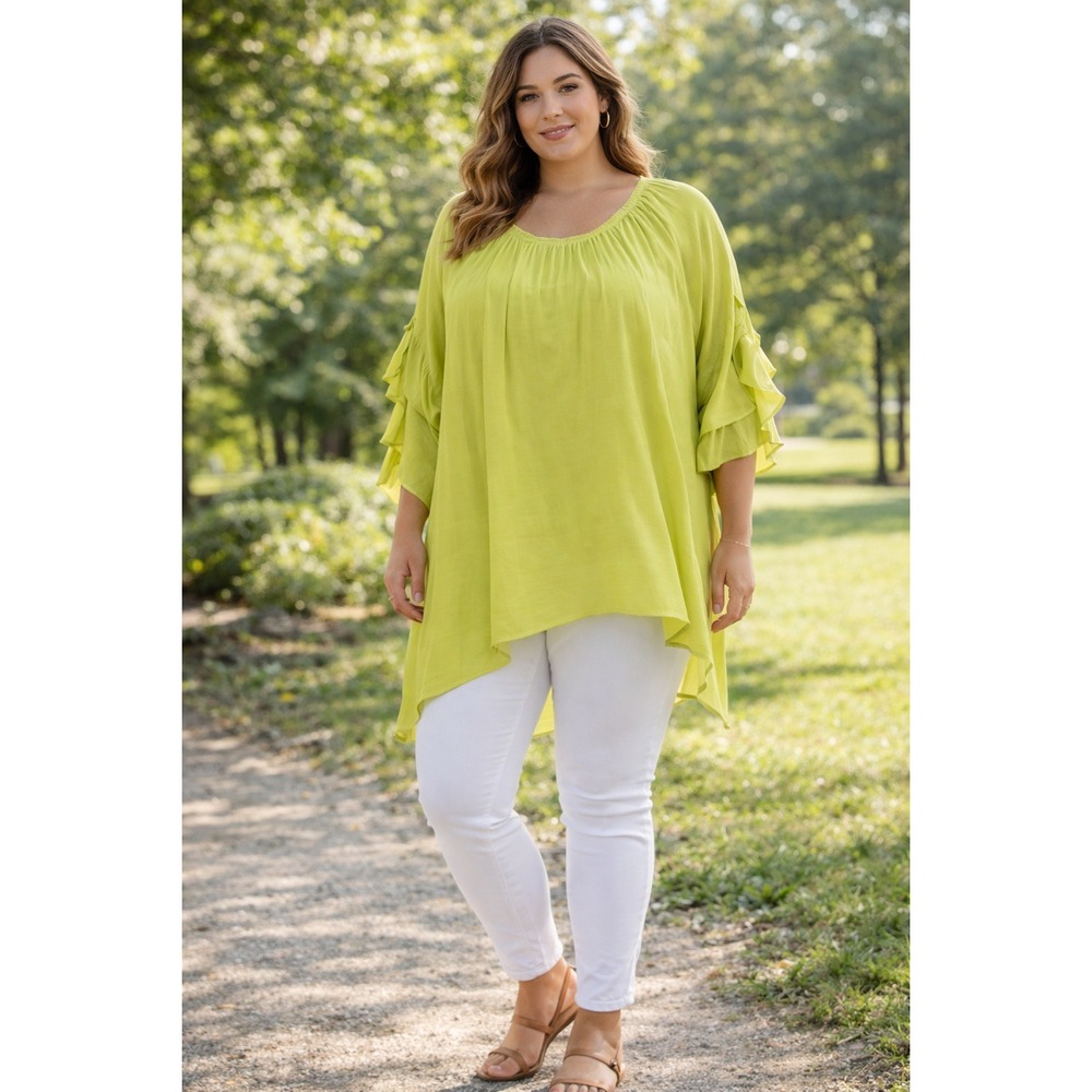 NWT‎ Multiples Ruffle Sleeve Tunic Blouse Asymmetrical Chartreuse 2X Flowy